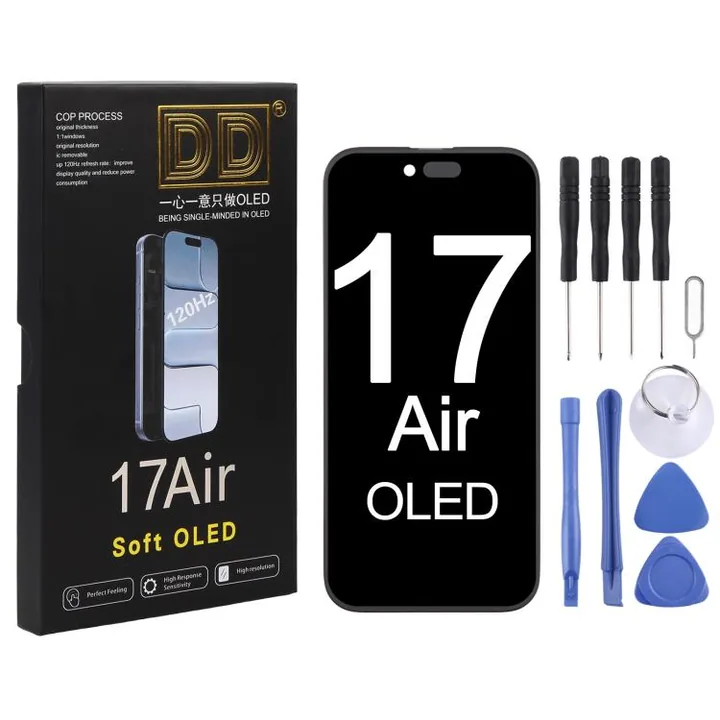 DD soft OLED iPhone screen in its retail box, with the display and repair tools