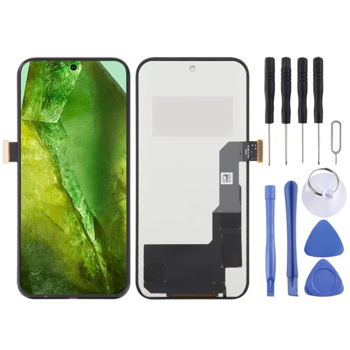 Google Pixel replacement screen, front and back, shown with repair tools