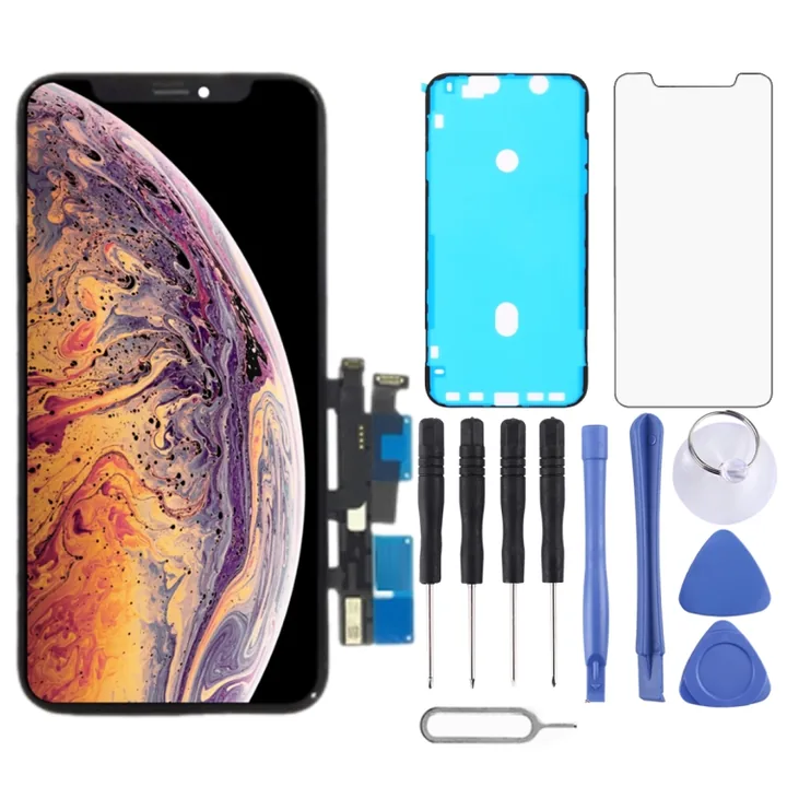 iPhone screen with adhesive gasket, screen protector and repair tools